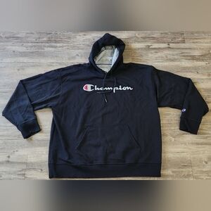 Men's Champion Spellout Logo Hoodie Size 2XL Black‎ boxy relaxed fit